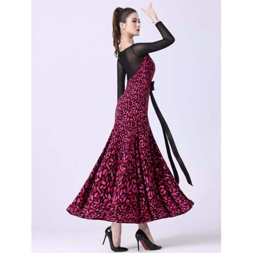Black with red lips printed ballroom dance dresses for women girls smooth tango waltz rhythm dancing long gown for lady